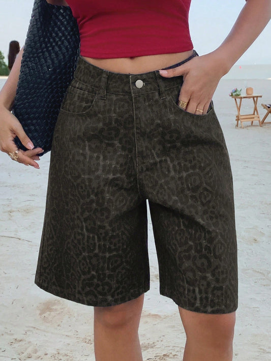 CM-BS517011 Women Casual Seoul Loose Fitting Mid-Thigh Length Denim Shorts With Pockets - Brown