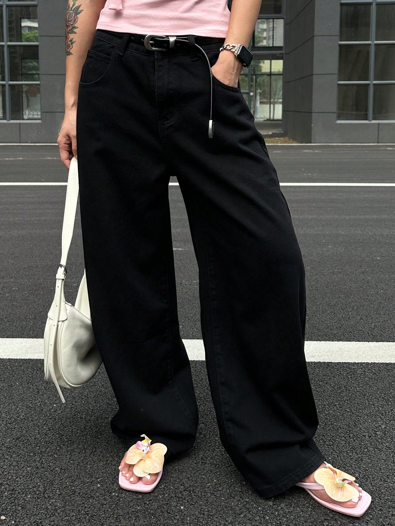 CM-BS036828 Women Casual Seoul Style Washed Mid Waist Baggy Straight Leg Denim Jeans - Black