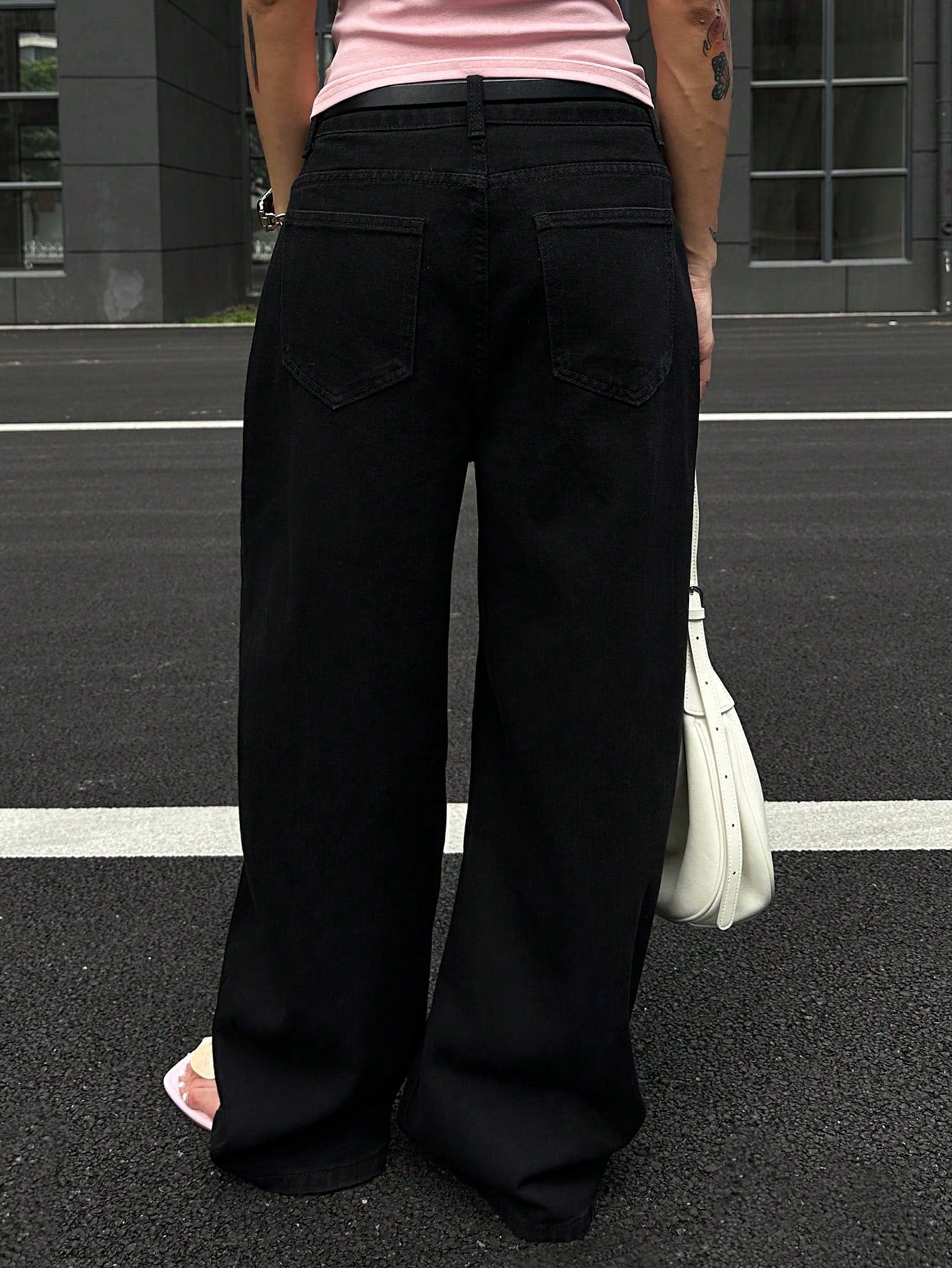 CM-BS036828 Women Casual Seoul Style Washed Mid Waist Baggy Straight Leg Denim Jeans - Black