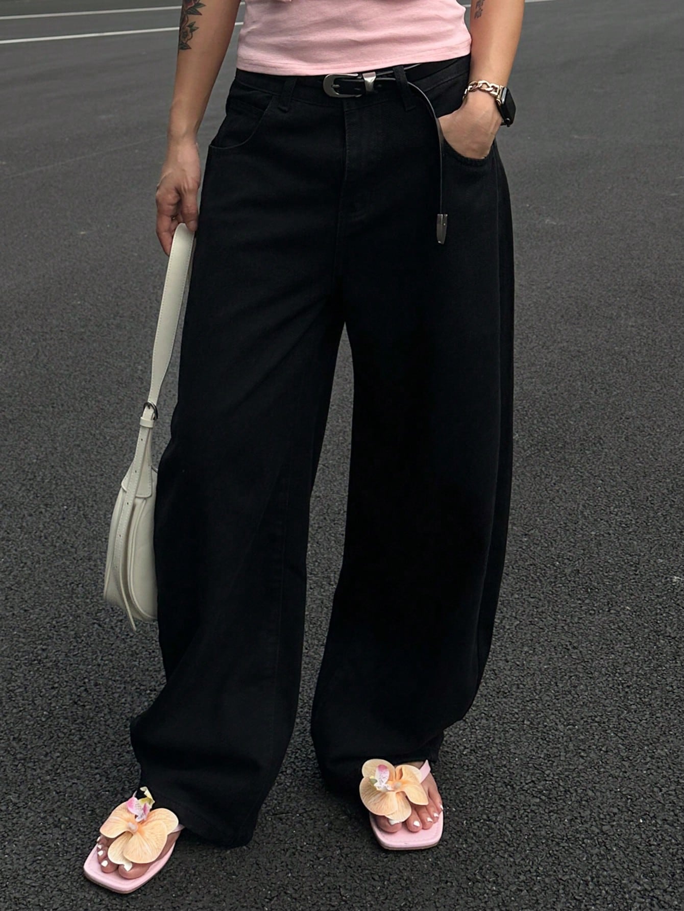 CM-BS036828 Women Casual Seoul Style Washed Mid Waist Baggy Straight Leg Denim Jeans - Black