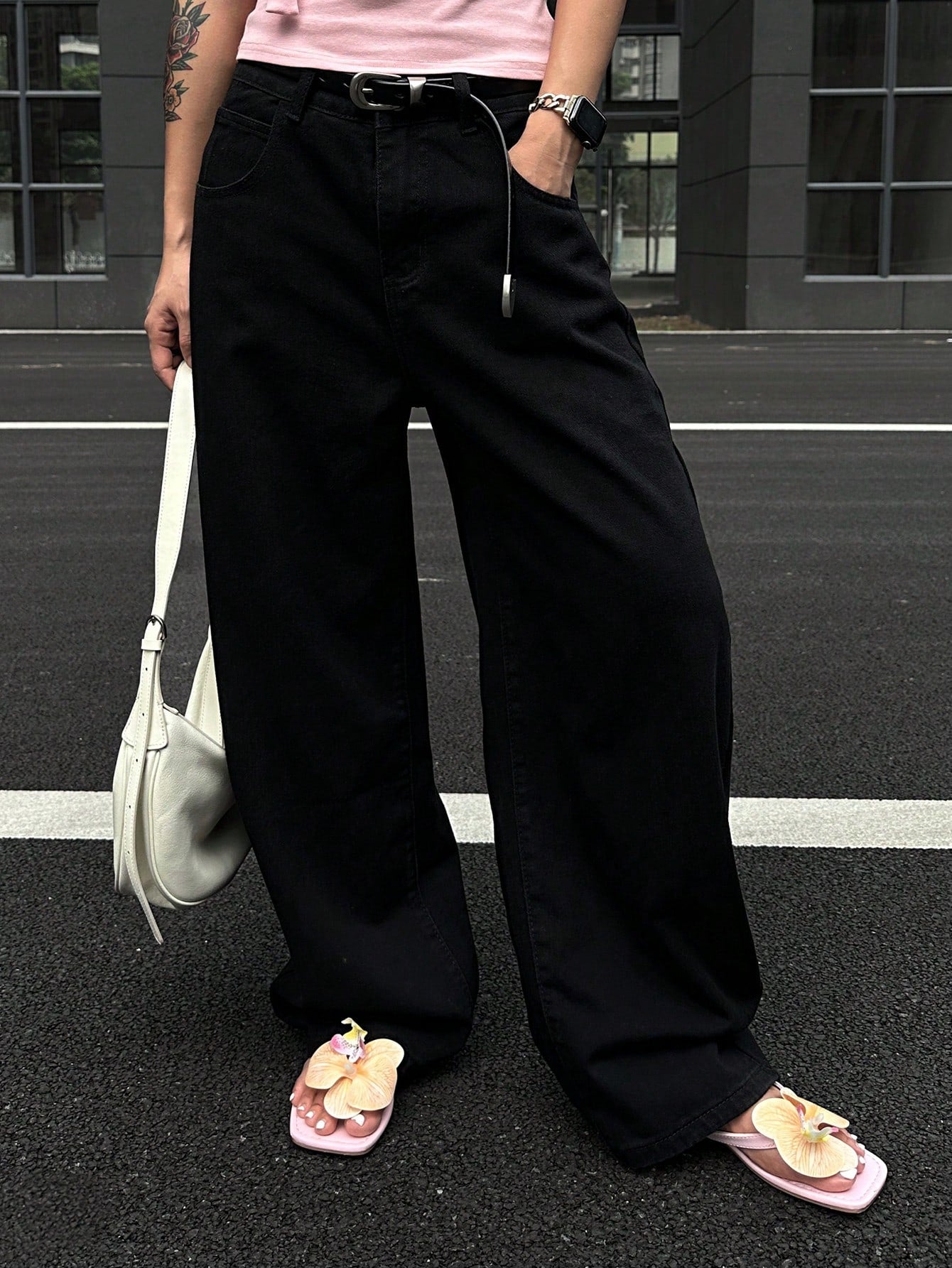 CM-BS036828 Women Casual Seoul Style Washed Mid Waist Baggy Straight Leg Denim Jeans - Black