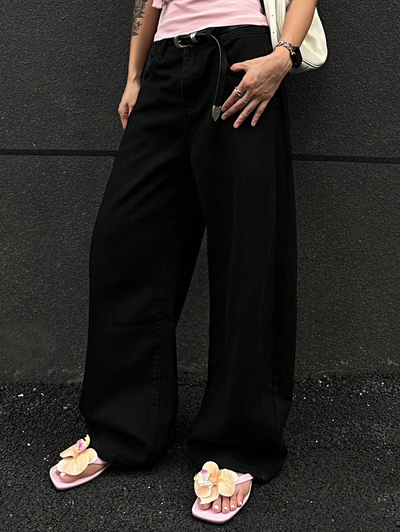 CM-BS036828 Women Casual Seoul Style Washed Mid Waist Baggy Straight Leg Denim Jeans - Black