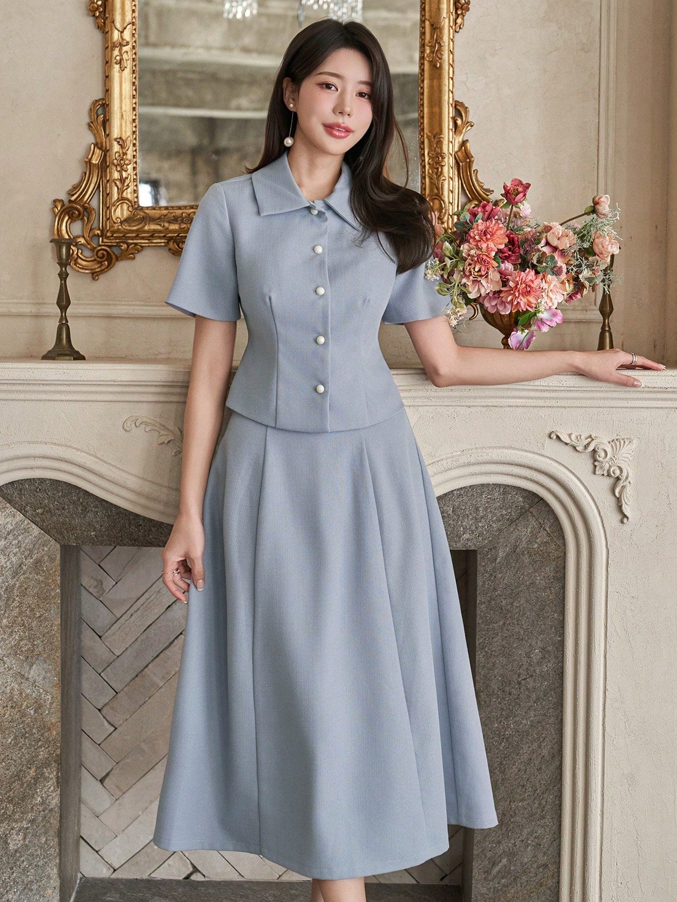 CM-SS000256 Women Elegant Seoul Style Solid Color Collar Neckline Short Sleeve Blouse With Midi Skirt - Set