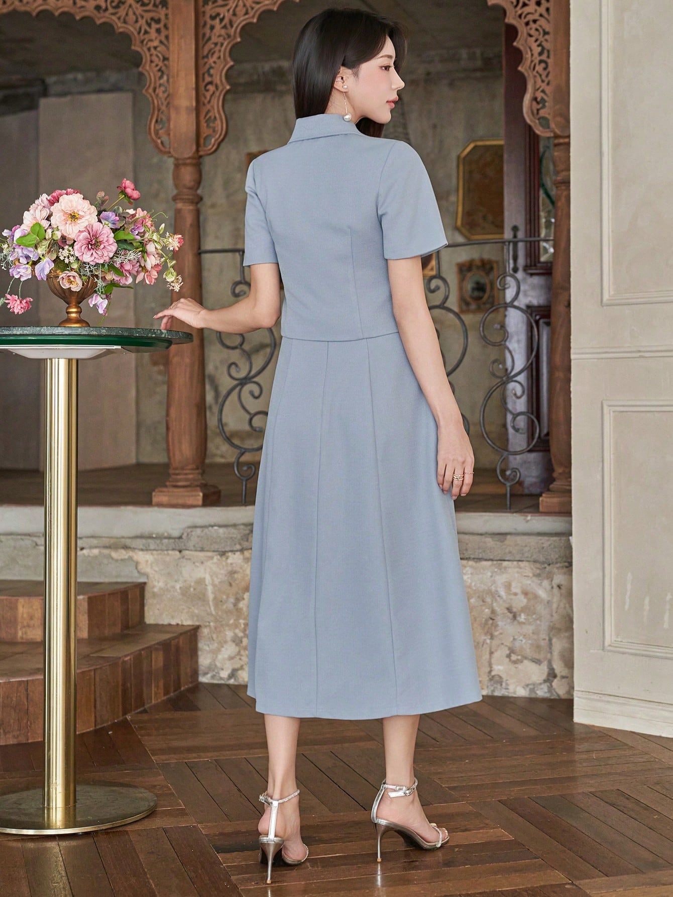 CM-SS000256 Women Elegant Seoul Style Solid Color Collar Neckline Short Sleeve Blouse With Midi Skirt - Set