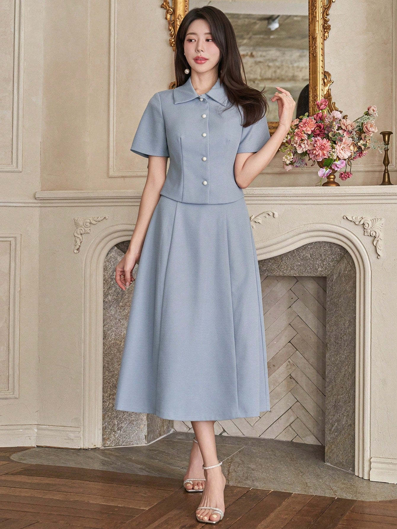 CM-SS000256 Women Elegant Seoul Style Solid Color Collar Neckline Short Sleeve Blouse With Midi Skirt - Set