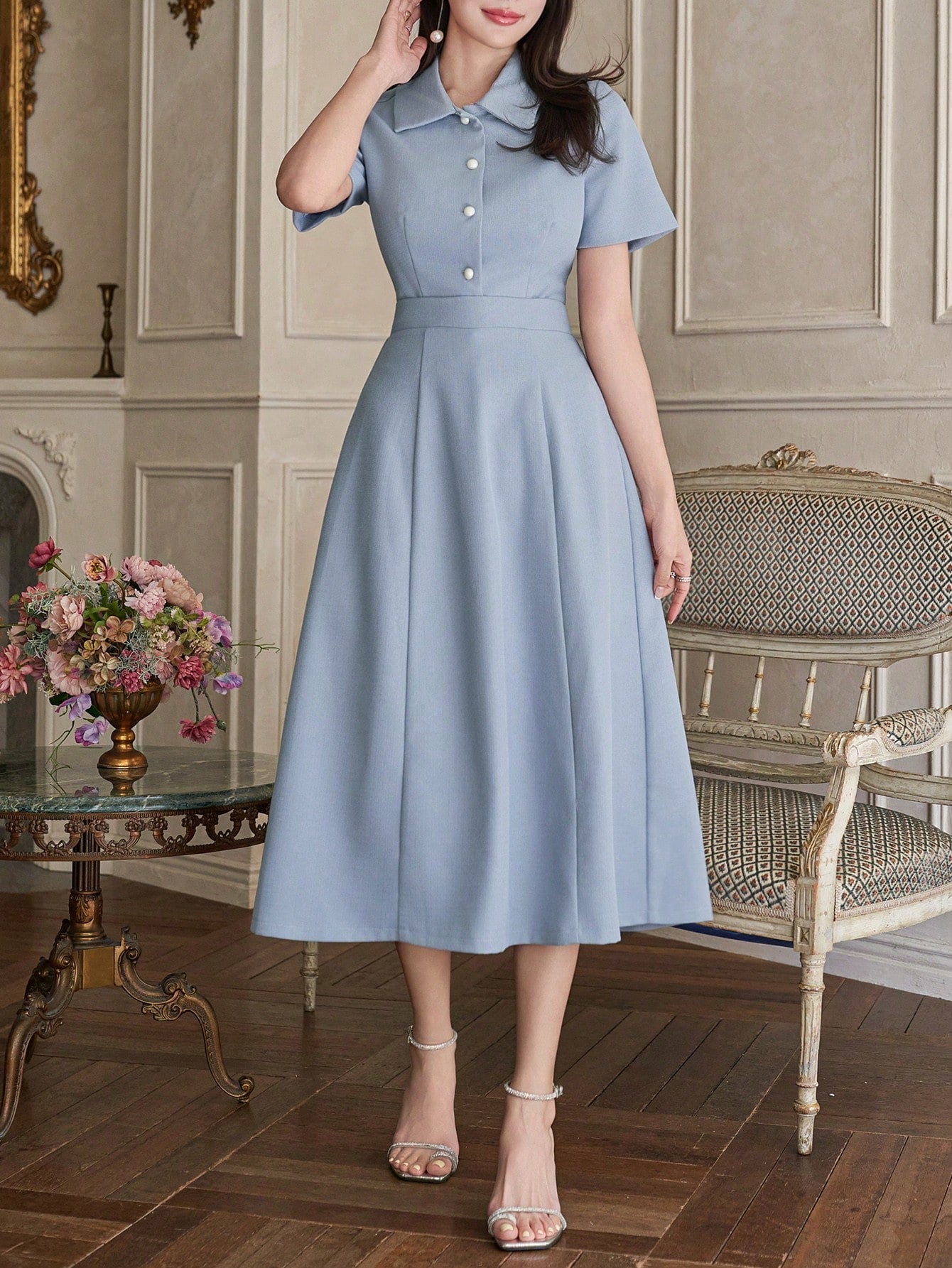 CM-SS000256 Women Elegant Seoul Style Solid Color Collar Neckline Short Sleeve Blouse With Midi Skirt - Set