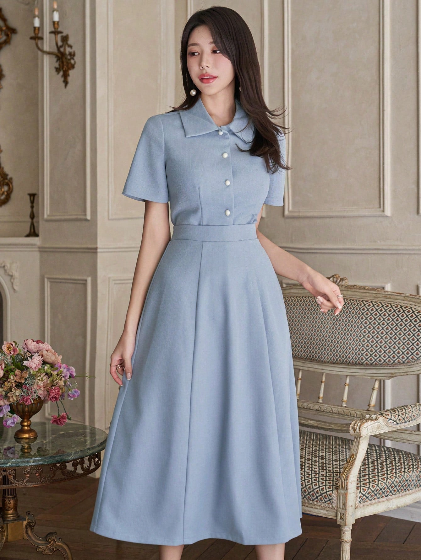 CM-SS000256 Women Elegant Seoul Style Solid Color Collar Neckline Short Sleeve Blouse With Midi Skirt - Set