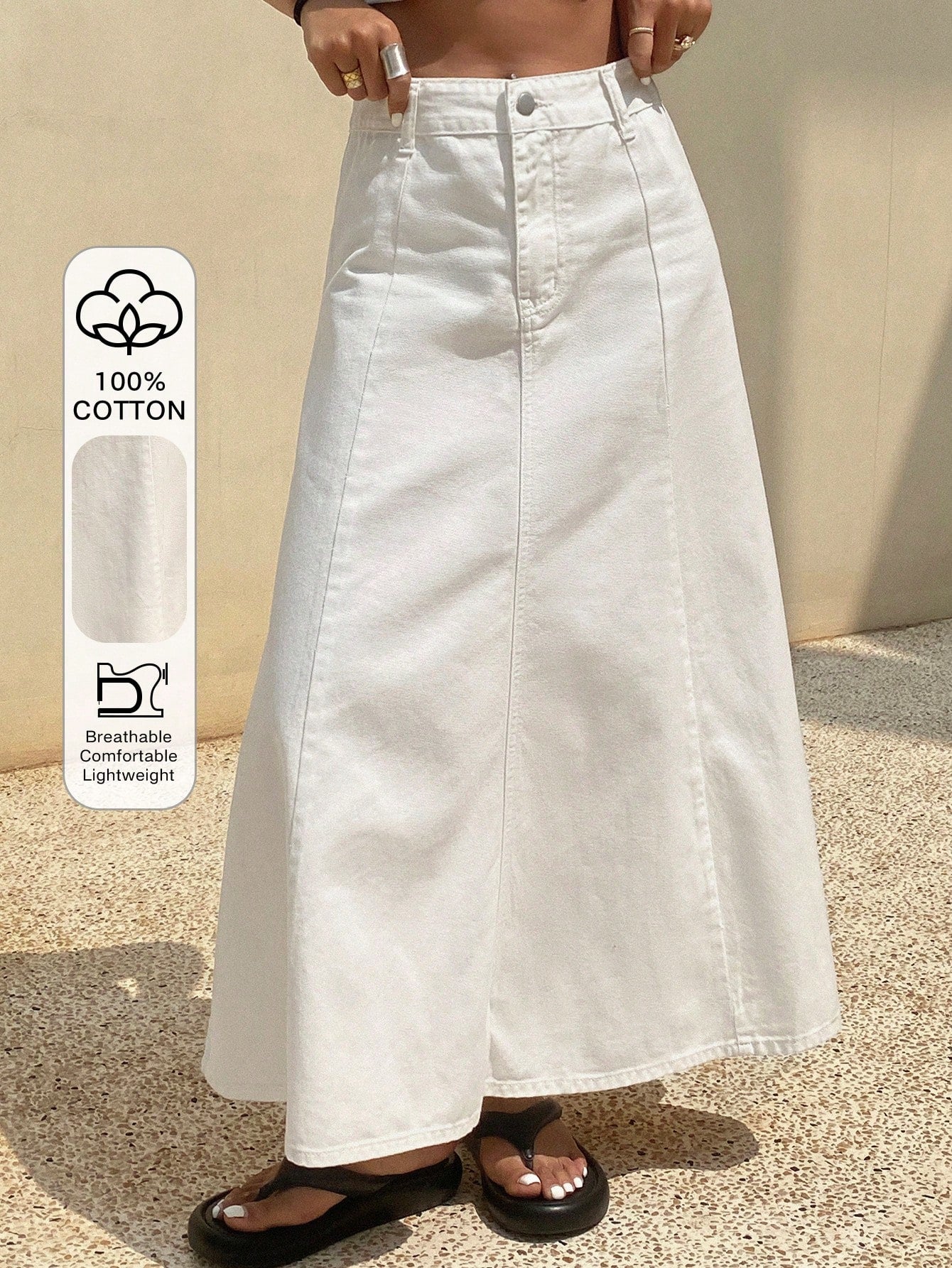 CM-BS114142 Women Casual Seoul Style Mid Waist A-Line Denim Maxi Skirt - White