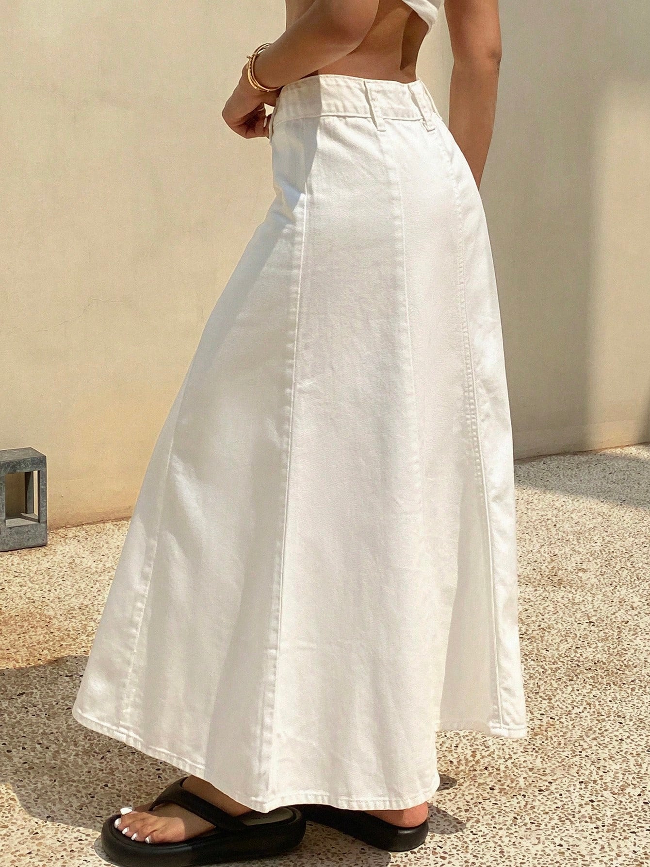 CM-BS114142 Women Casual Seoul Style Mid Waist A-Line Denim Maxi Skirt - White