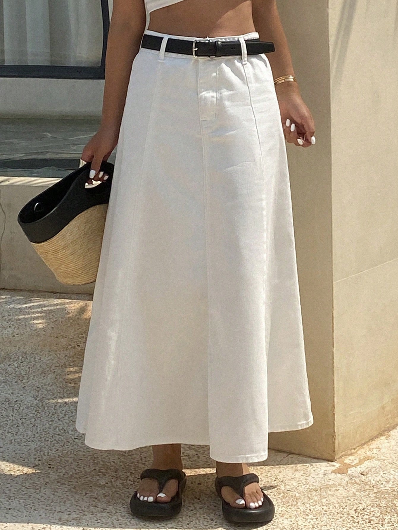 CM-BS114142 Women Casual Seoul Style Mid Waist A-Line Denim Maxi Skirt - White