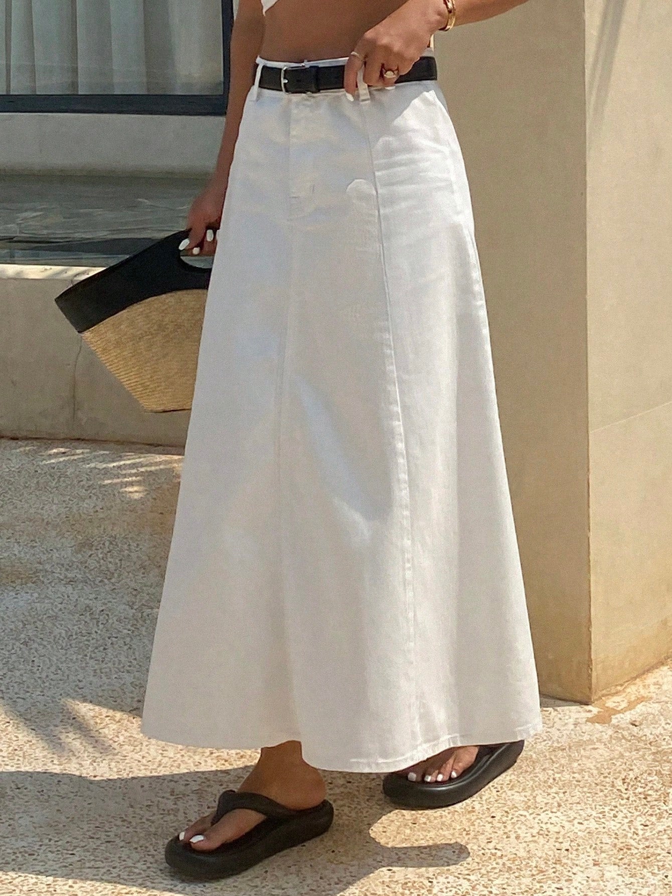CM-BS114142 Women Casual Seoul Style Mid Waist A-Line Denim Maxi Skirt - White