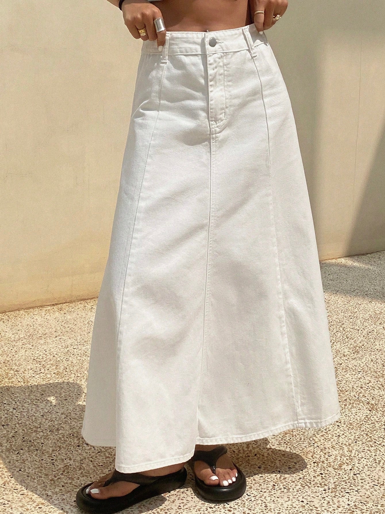 CM-BS114142 Women Casual Seoul Style Mid Waist A-Line Denim Maxi Skirt - White