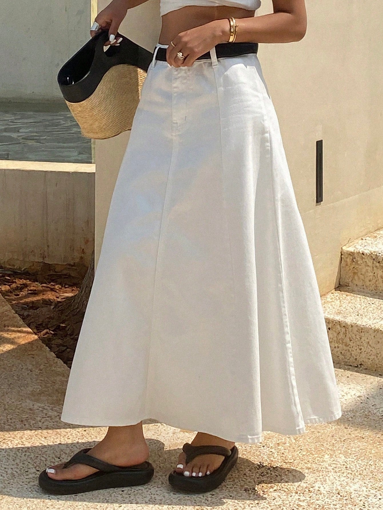 CM-BS114142 Women Casual Seoul Style Mid Waist A-Line Denim Maxi Skirt - White
