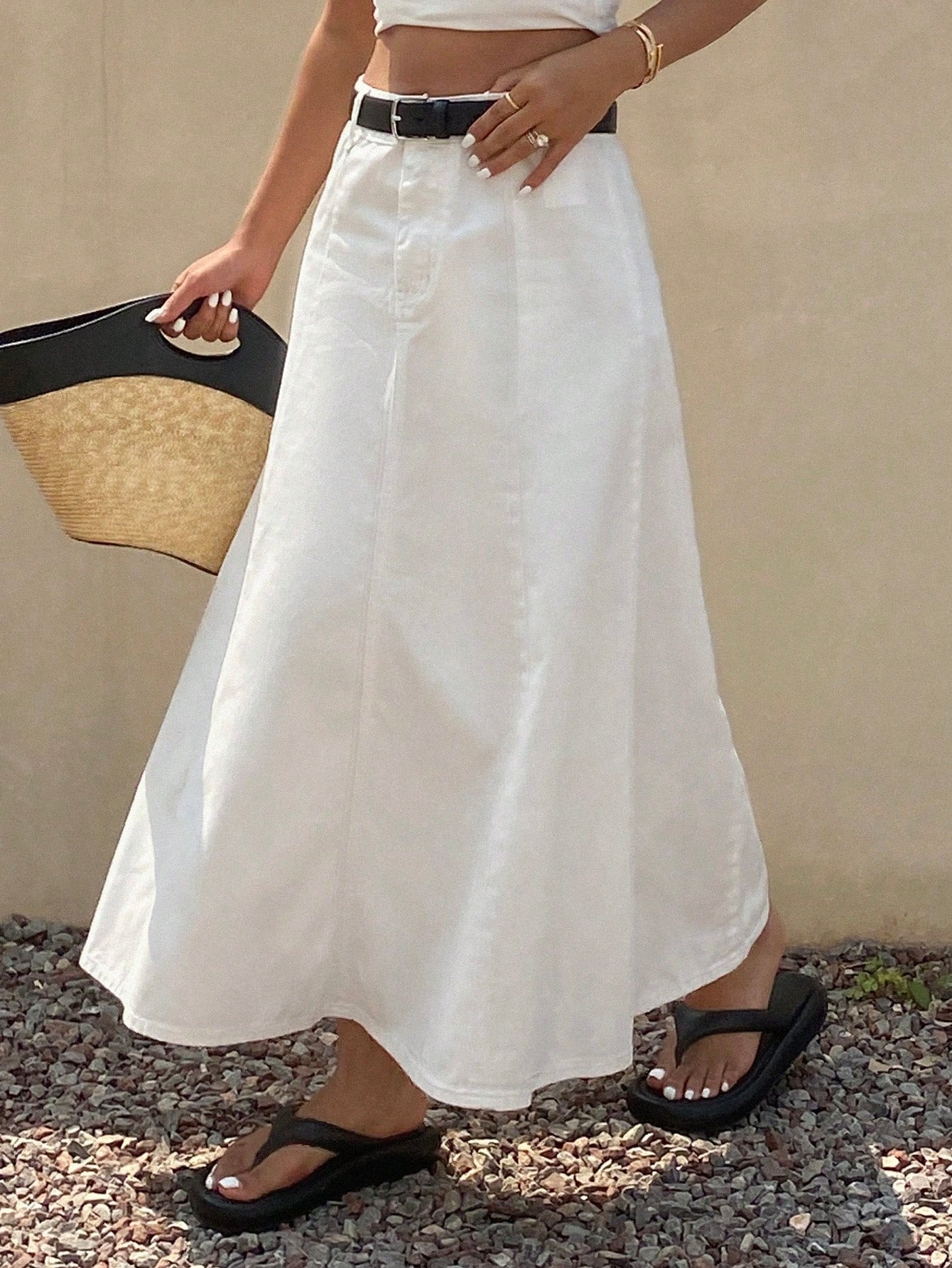 CM-BS114142 Women Casual Seoul Style Mid Waist A-Line Denim Maxi Skirt - White