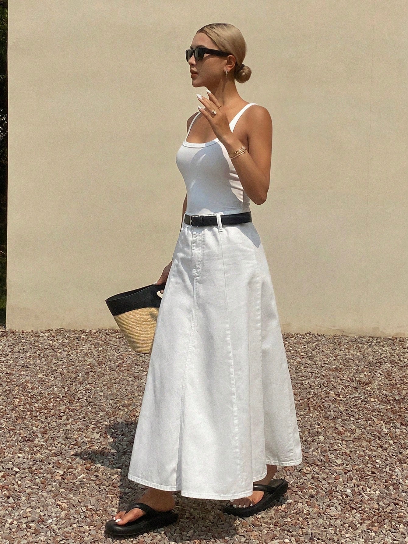 CM-BS114142 Women Casual Seoul Style Mid Waist A-Line Denim Maxi Skirt - White