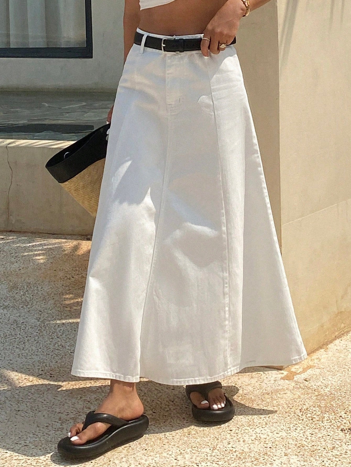 CM-BS114142 Women Casual Seoul Style Mid Waist A-Line Denim Maxi Skirt - White