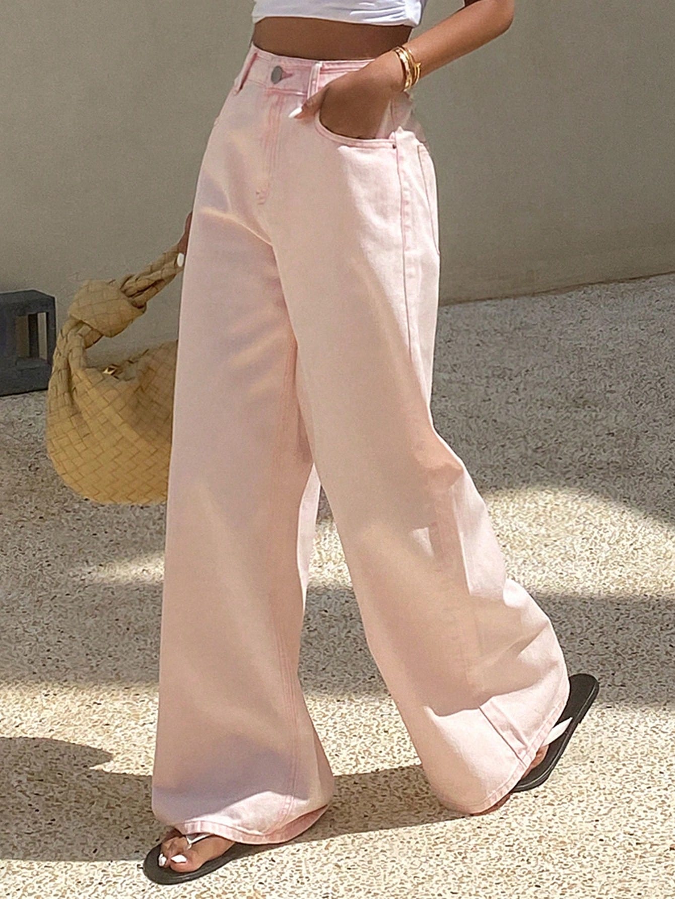 CM-BS503303 Women Casual Seoul Style Mid Waist Loose Straight Cut Denim Jeans - Baby Pink