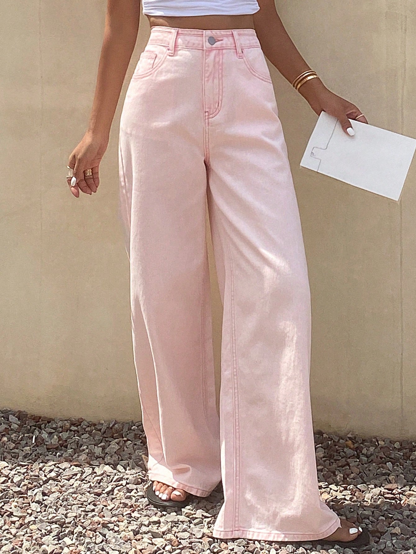CM-BS503303 Women Casual Seoul Style Mid Waist Loose Straight Cut Denim Jeans - Baby Pink