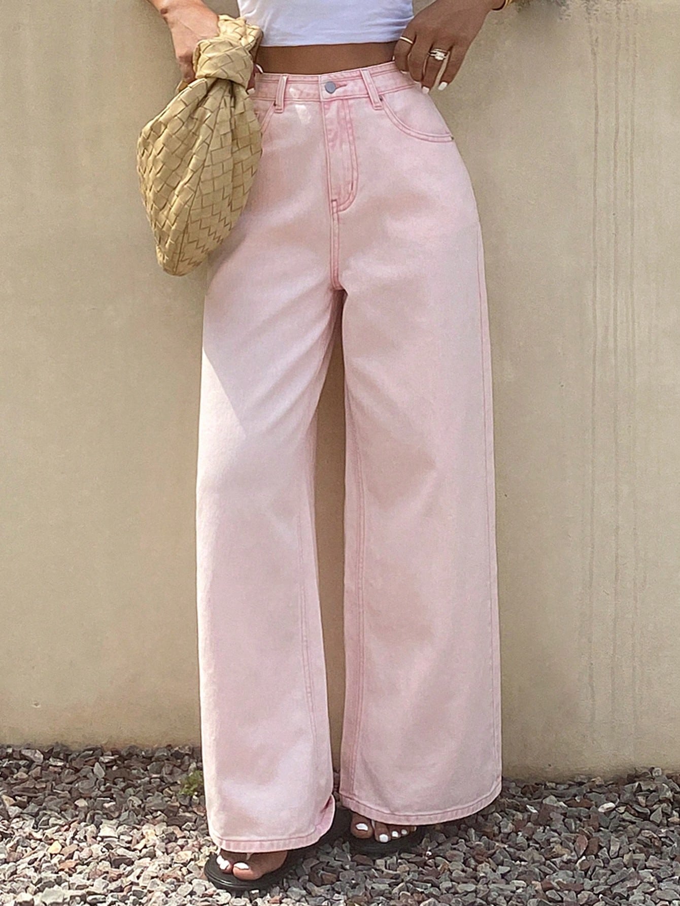 CM-BS503303 Women Casual Seoul Style Mid Waist Loose Straight Cut Denim Jeans - Baby Pink