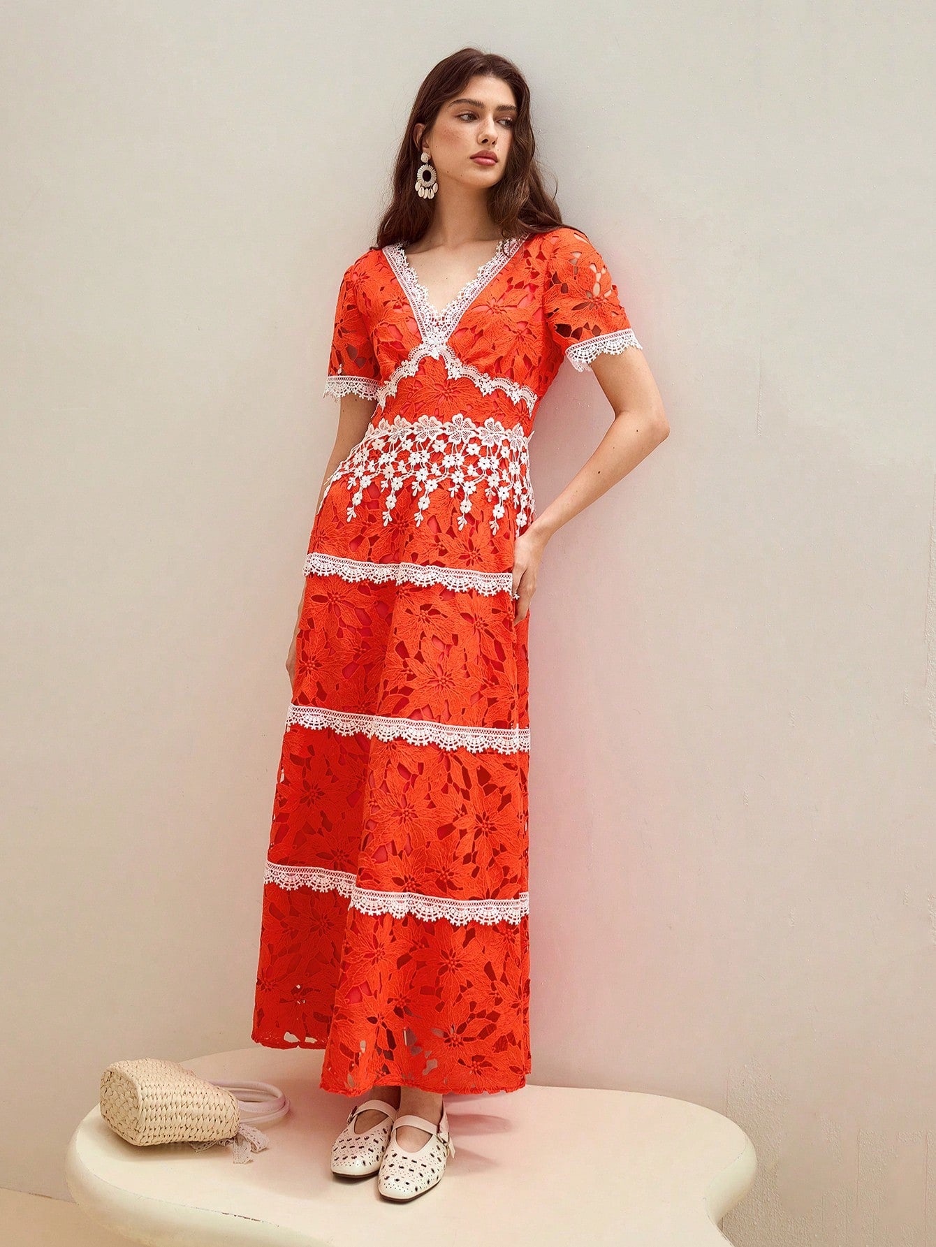 CM-DS241225 Women Elegant Seoul Style V-Neck Short Sleeve Contrast Lace Cut Out High Waist Dress - Orange