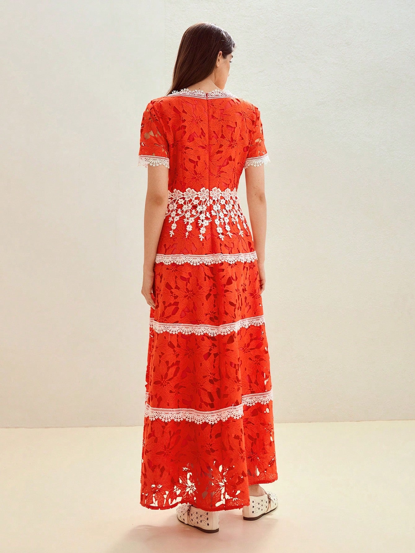 CM-DS241225 Women Elegant Seoul Style V-Neck Short Sleeve Contrast Lace Cut Out High Waist Dress - Orange