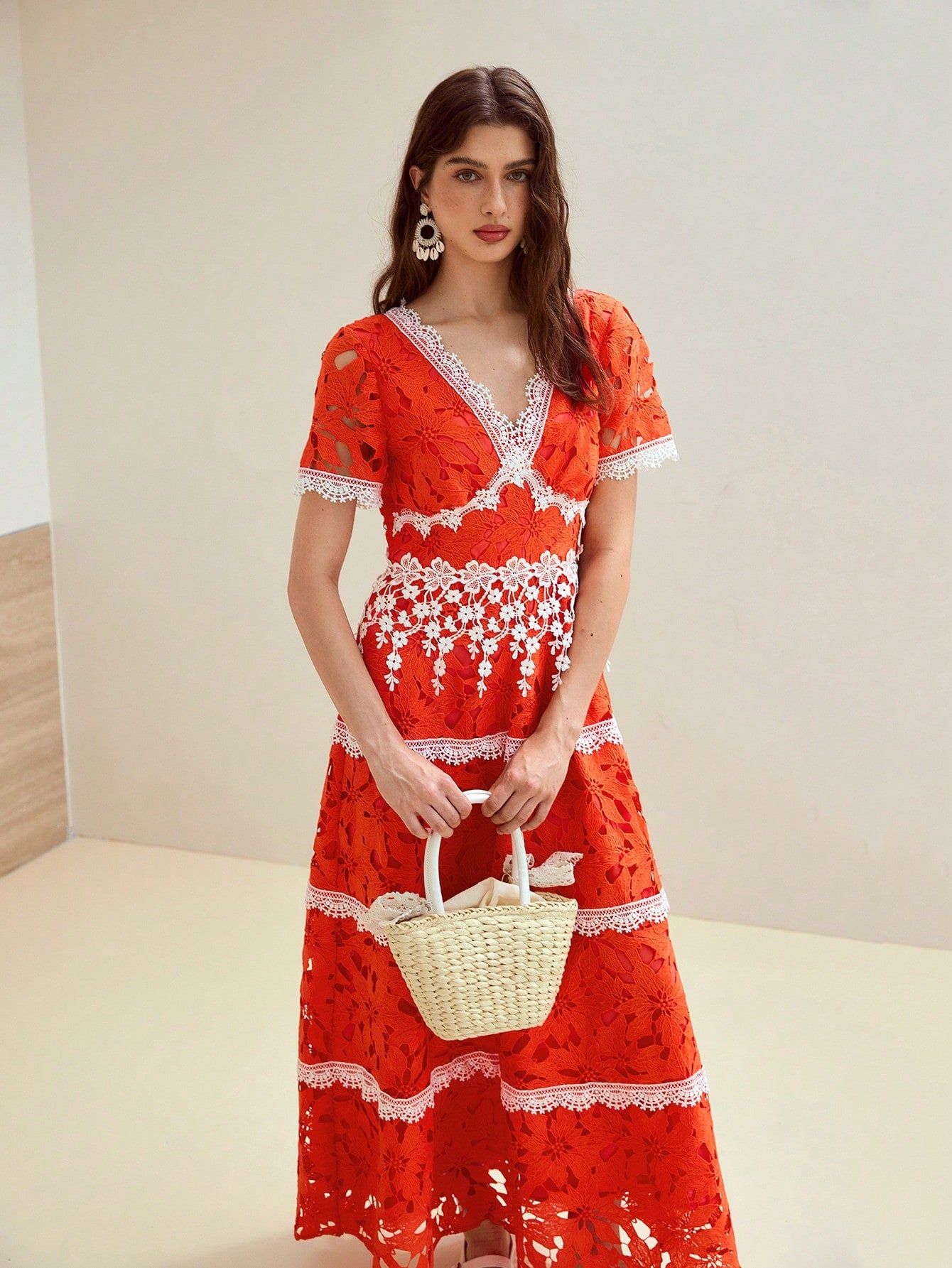 CM-DS241225 Women Elegant Seoul Style V-Neck Short Sleeve Contrast Lace Cut Out High Waist Dress - Orange