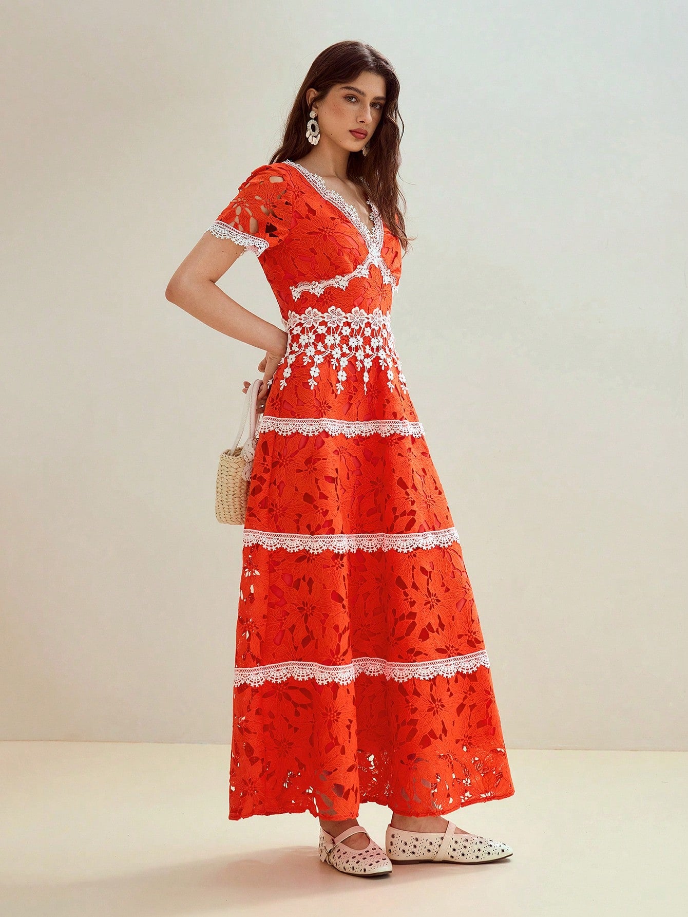 CM-DS241225 Women Elegant Seoul Style V-Neck Short Sleeve Contrast Lace Cut Out High Waist Dress - Orange