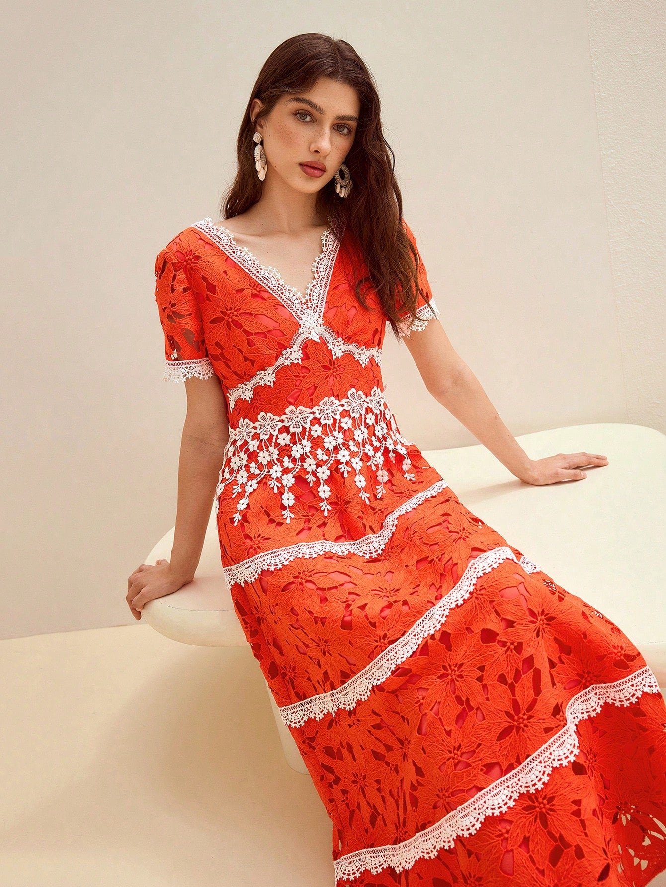CM-DS241225 Women Elegant Seoul Style V-Neck Short Sleeve Contrast Lace Cut Out High Waist Dress - Orange