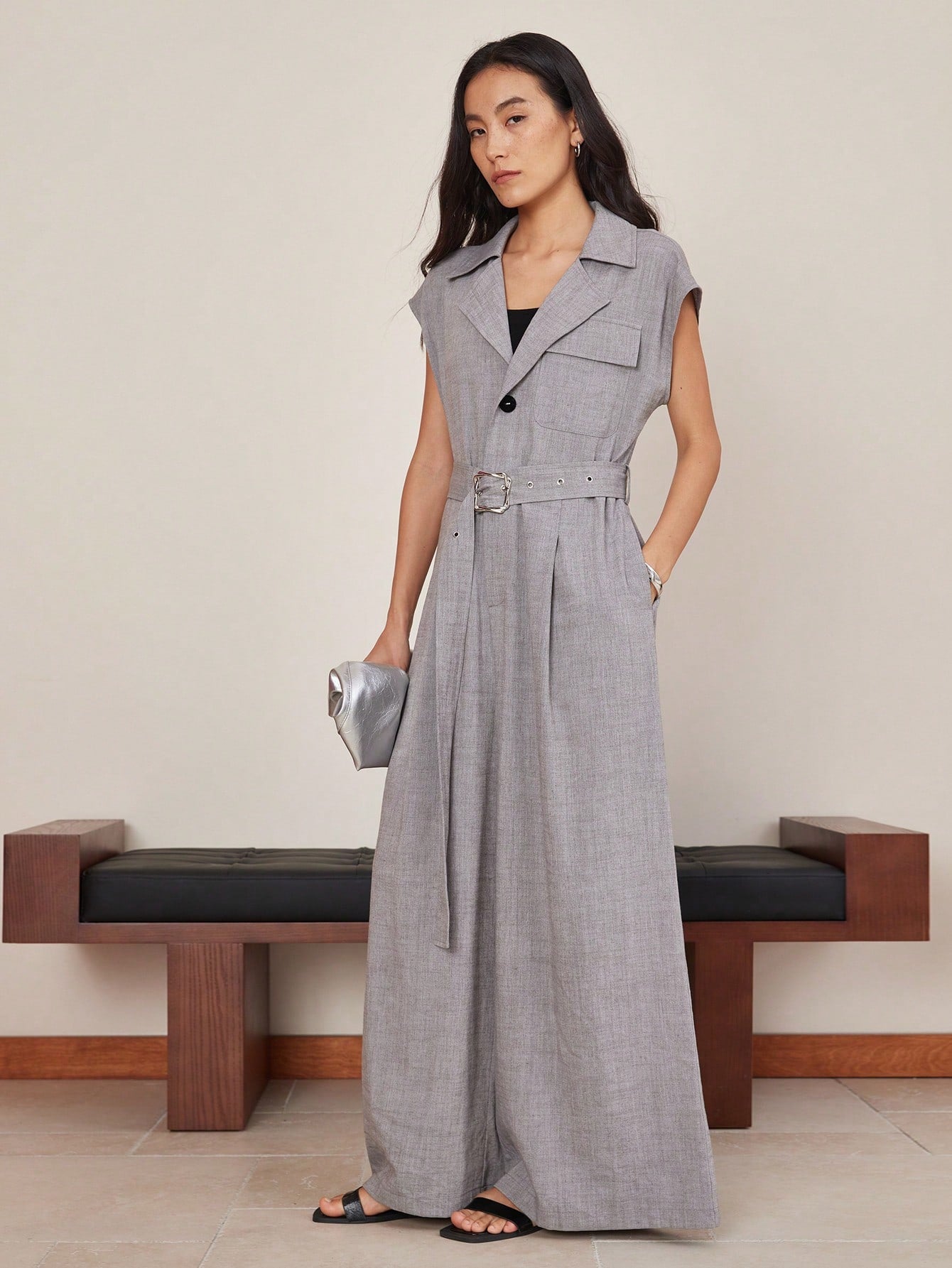 CM-JS696603 Women Elegant Seoul Style Solid Color Linen Belt Decor V-Neck Wide Leg Jumpsuit - Gray