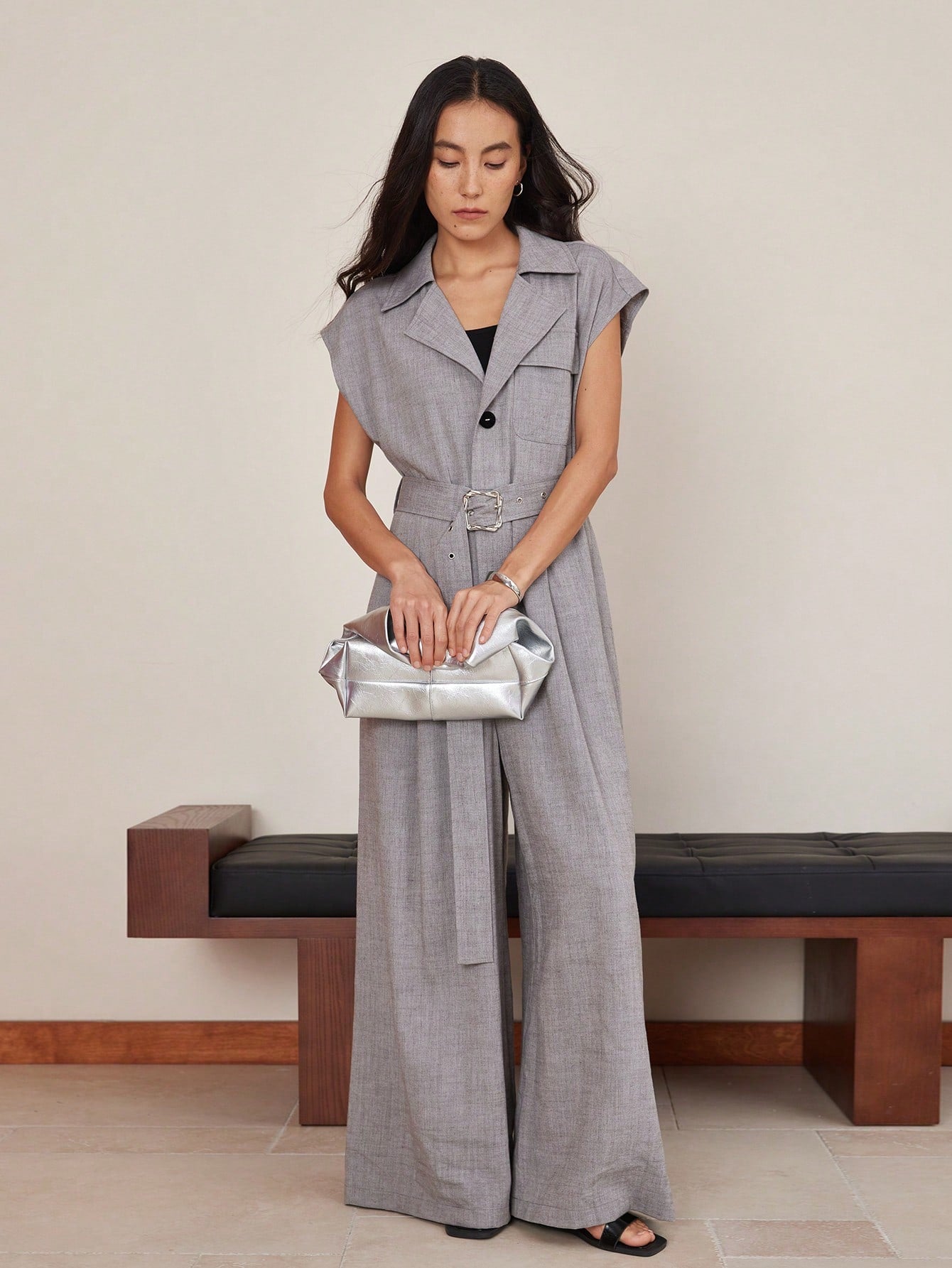 CM-JS696603 Women Elegant Seoul Style Solid Color Linen Belt Decor V-Neck Wide Leg Jumpsuit - Gray