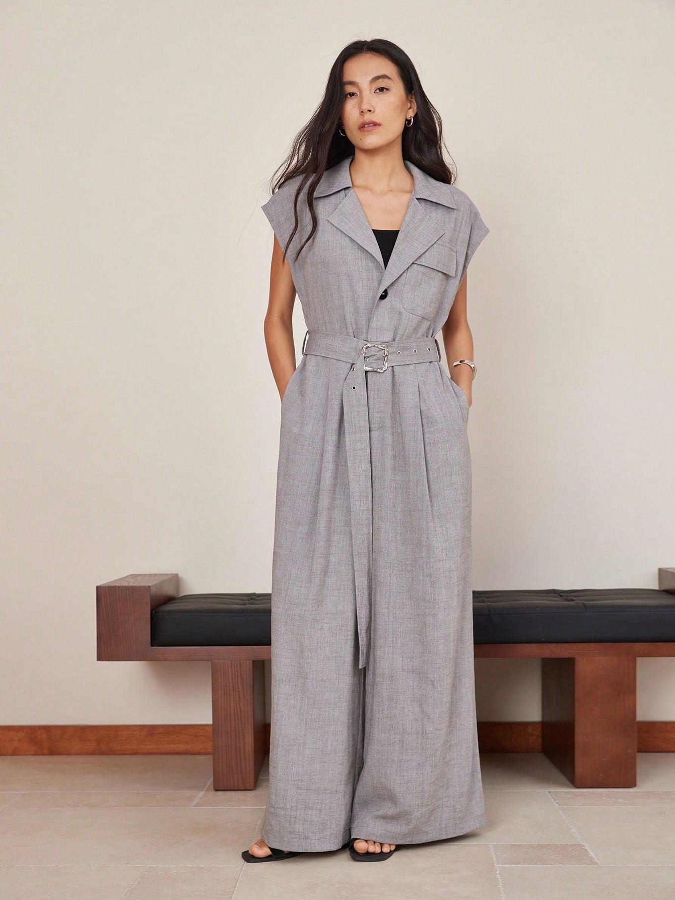CM-JS696603 Women Elegant Seoul Style Solid Color Linen Belt Decor V-Neck Wide Leg Jumpsuit - Gray