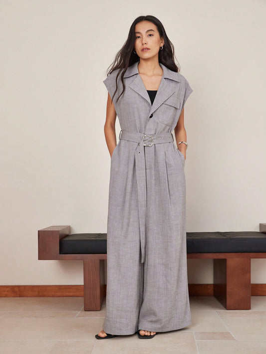 CM-JS696603 Women Elegant Seoul Style Solid Color Linen Belt Decor V-Neck Wide Leg Jumpsuit - Gray