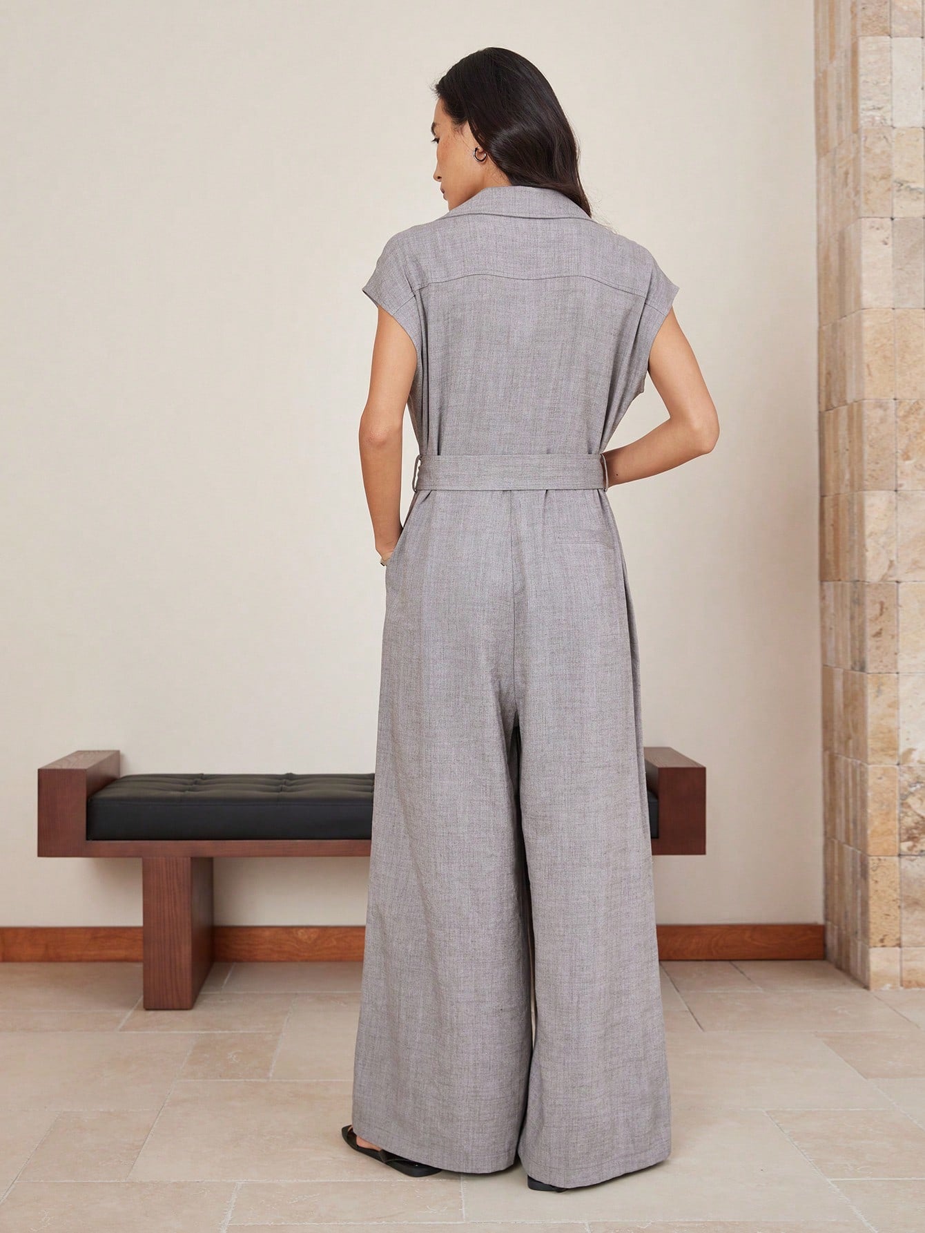 CM-JS696603 Women Elegant Seoul Style Solid Color Linen Belt Decor V-Neck Wide Leg Jumpsuit - Gray