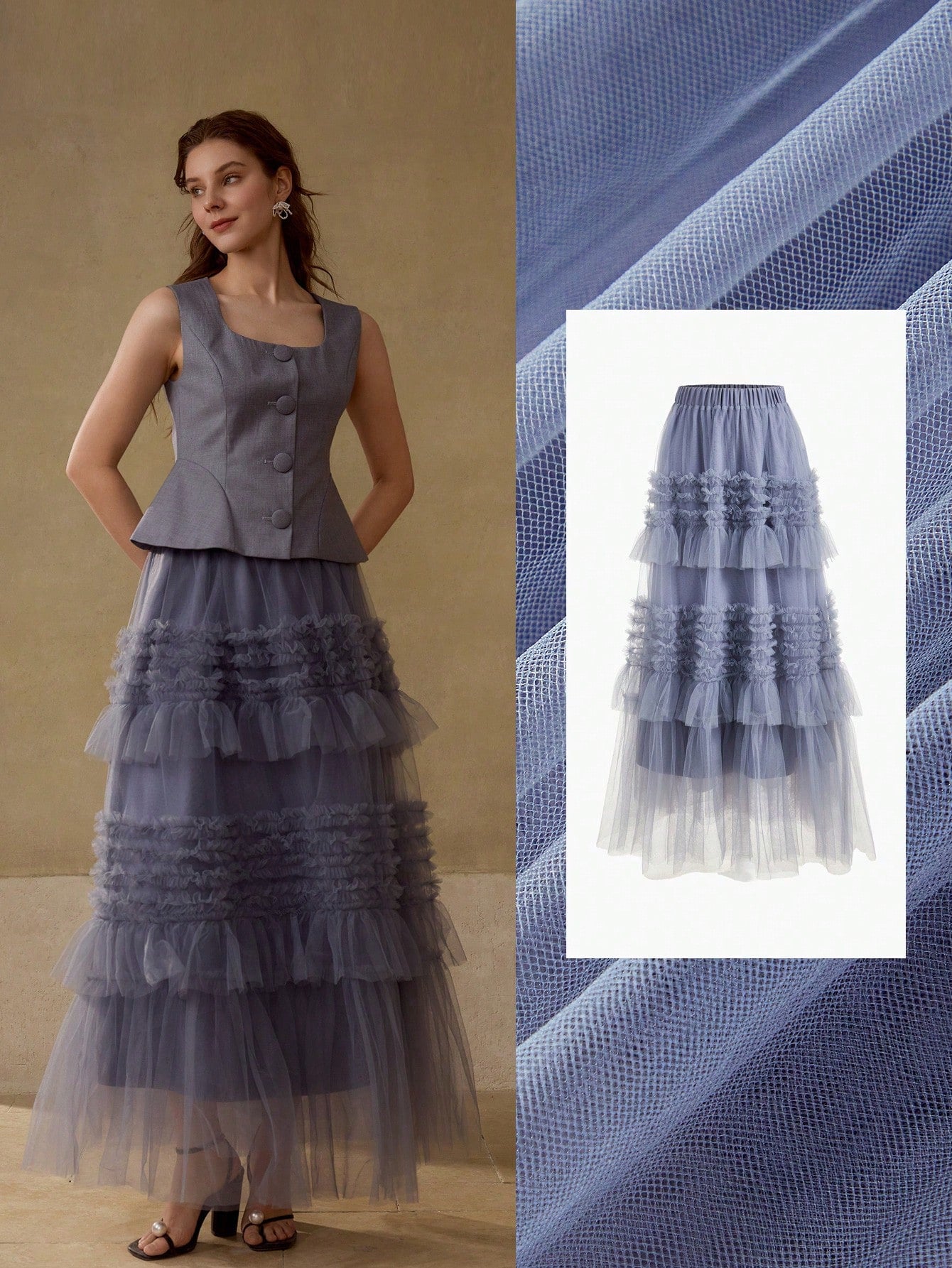CM-BS485950 Women Elegant Seoul Style High Waist Tiered Layer Mesh Maxi Skirt - Blue