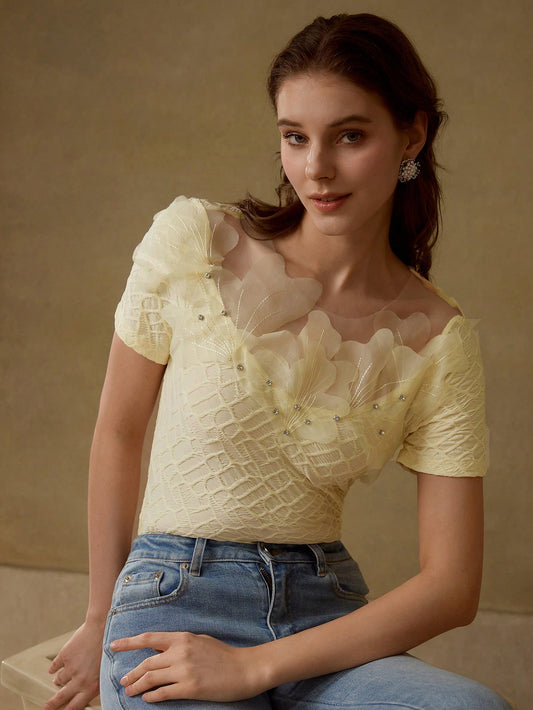 CM-TS208188 Women Elegant Seoul Style Rounfd Neck Short Sleeve Slim Fit Floral Appliques T-Shirt - Yellow