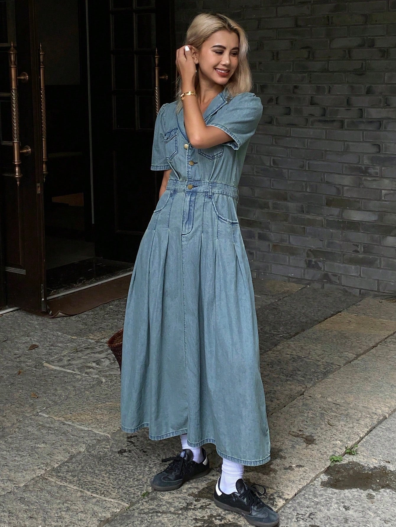CM-DS446456 Women Casual Seoul Style Medium Wash Lapel Neckline Puff Sleeves Long Denim Dress