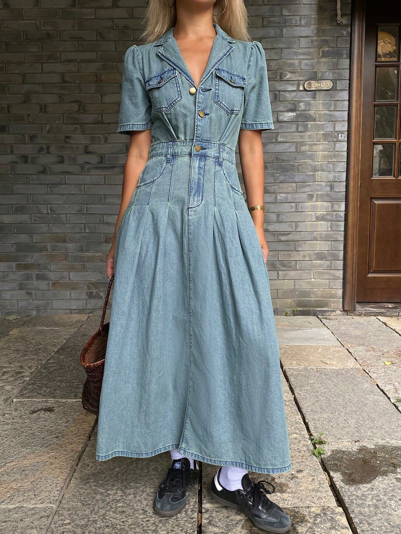 CM-DS446456 Women Casual Seoul Style Medium Wash Lapel Neckline Puff Sleeves Long Denim Dress