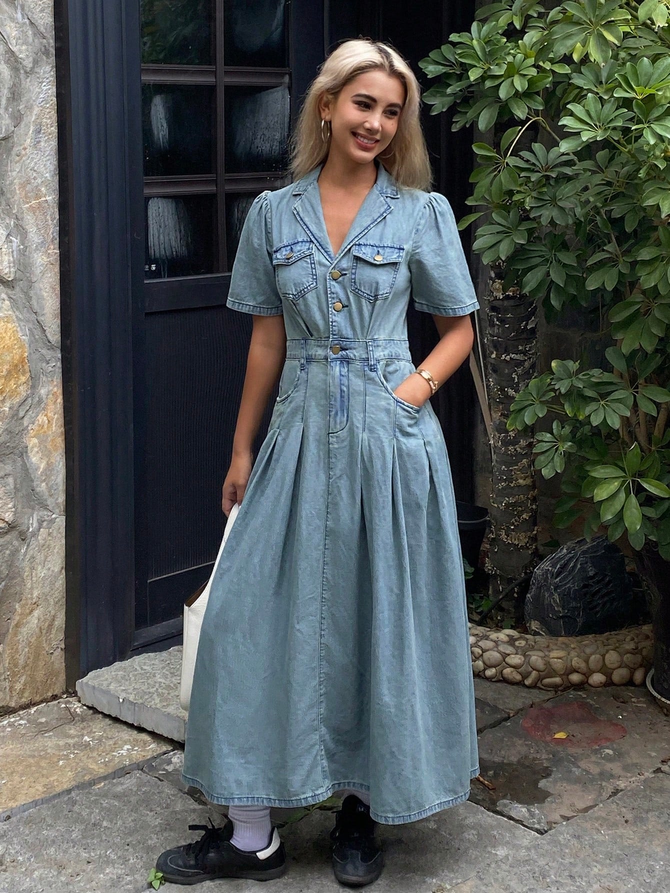 CM-DS446456 Women Casual Seoul Style Medium Wash Lapel Neckline Puff Sleeves Long Denim Dress