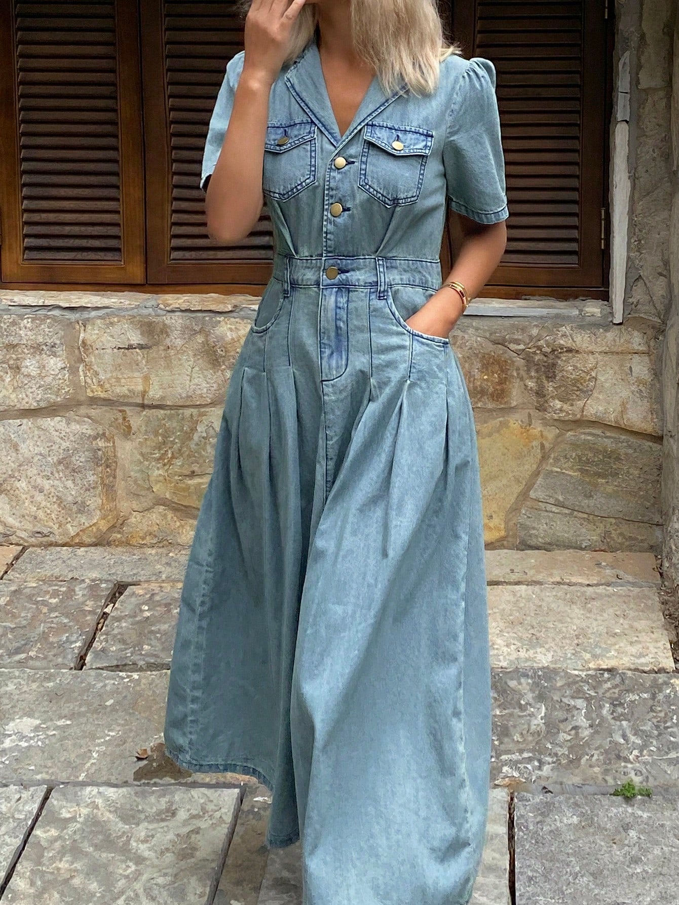 CM-DS446456 Women Casual Seoul Style Medium Wash Lapel Neckline Puff Sleeves Long Denim Dress