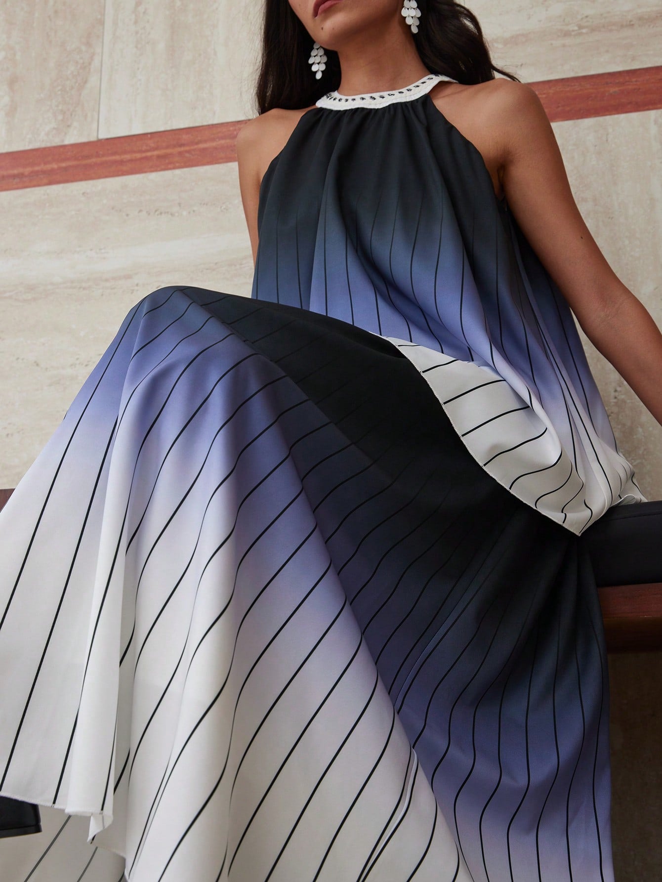 CM-SS191313 Women Elegant Seoul Style Tie-Dye Gradient Backless Camisole With Striped Loose Skirt - Set