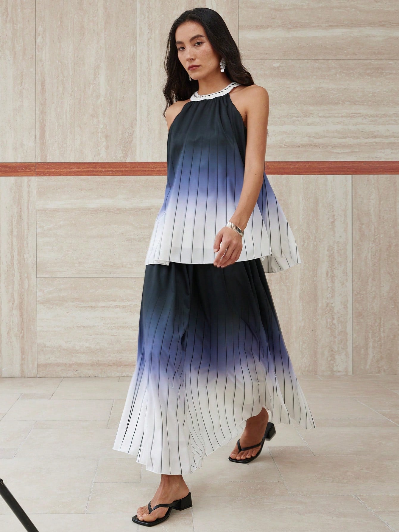 CM-SS191313 Women Elegant Seoul Style Tie-Dye Gradient Backless Camisole With Striped Loose Skirt - Set