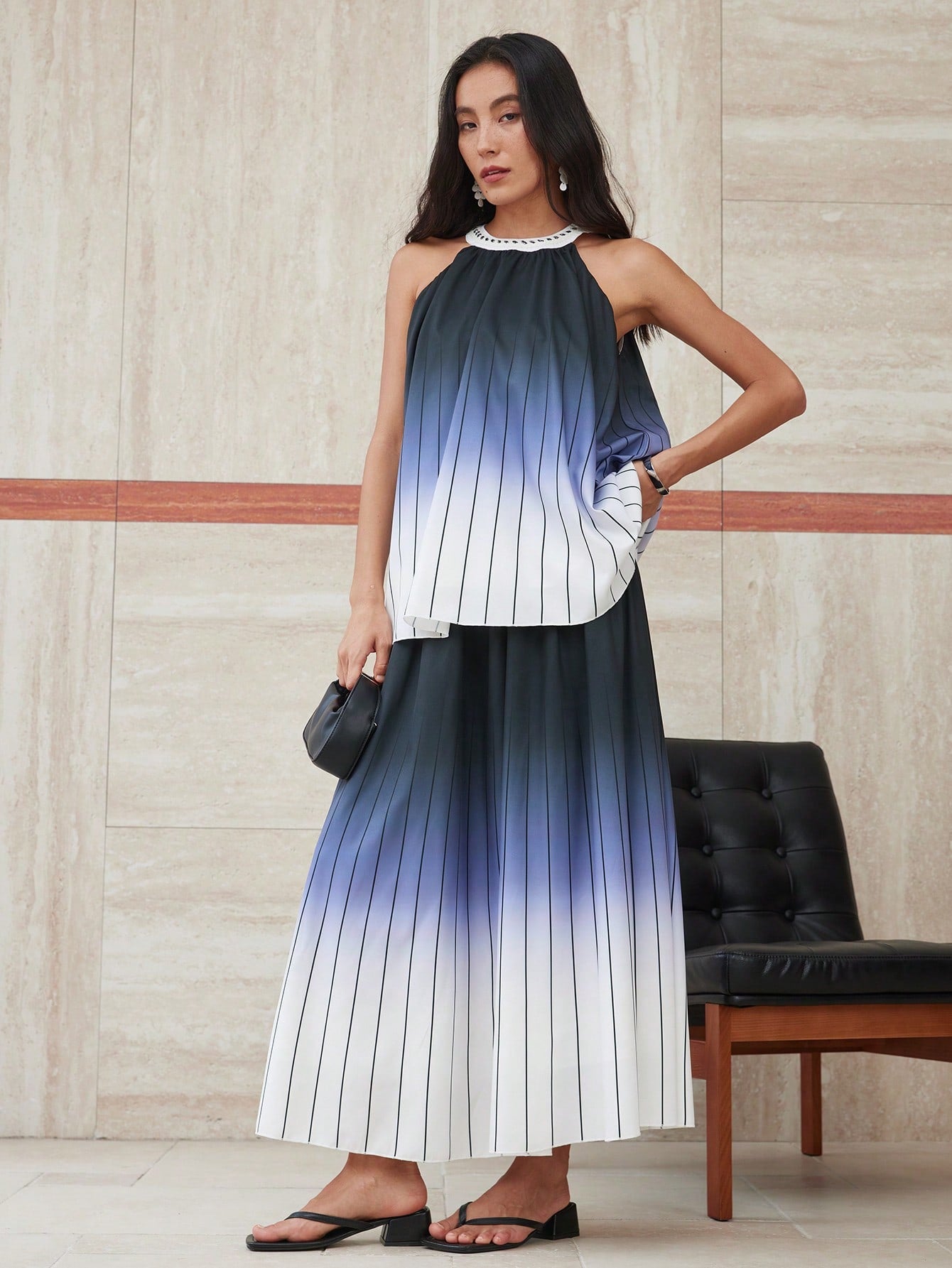 CM-SS191313 Women Elegant Seoul Style Tie-Dye Gradient Backless Camisole With Striped Loose Skirt - Set