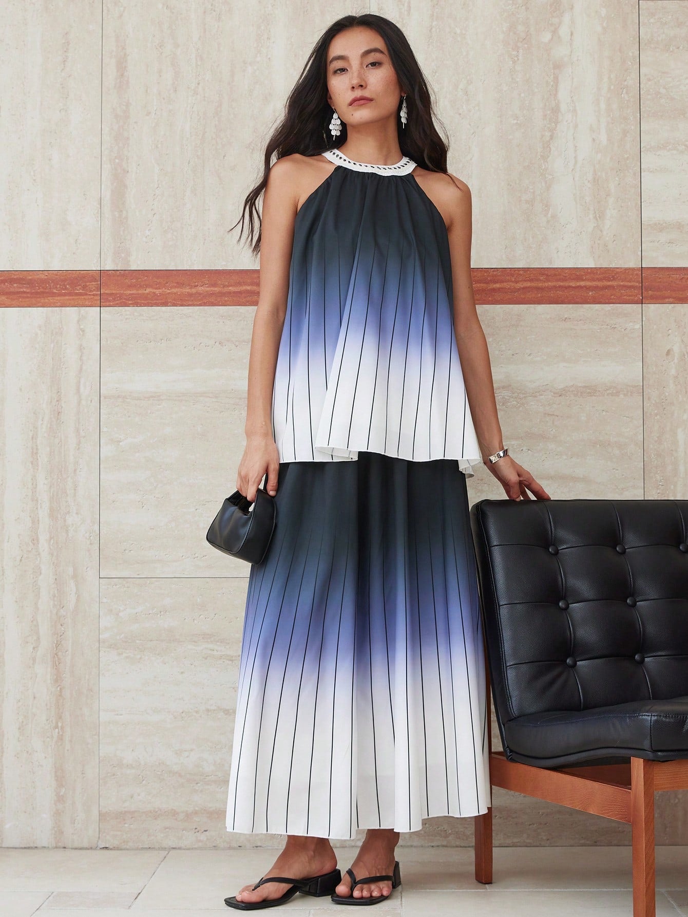 CM-SS191313 Women Elegant Seoul Style Tie-Dye Gradient Backless Camisole With Striped Loose Skirt - Set