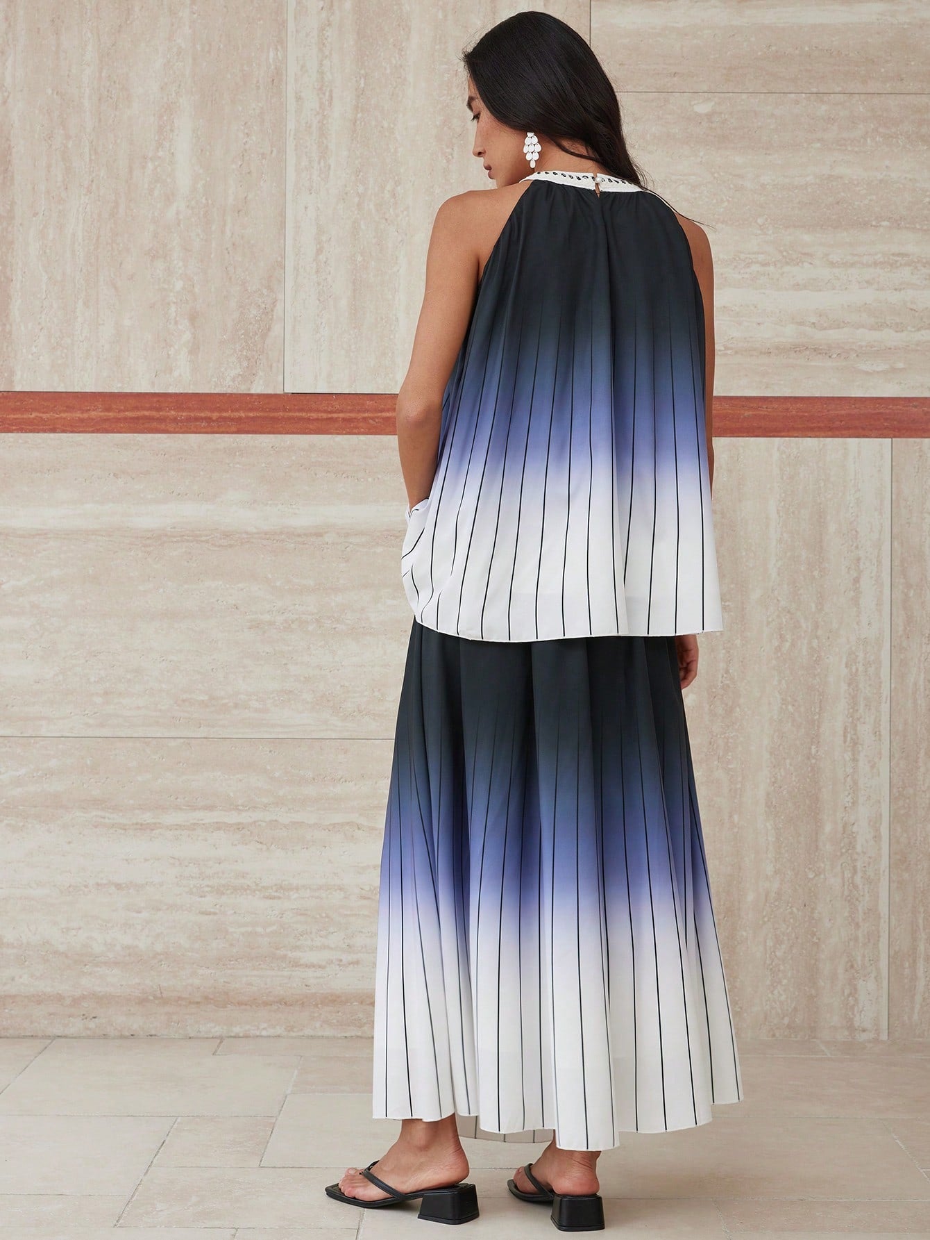CM-SS191313 Women Elegant Seoul Style Tie-Dye Gradient Backless Camisole With Striped Loose Skirt - Set