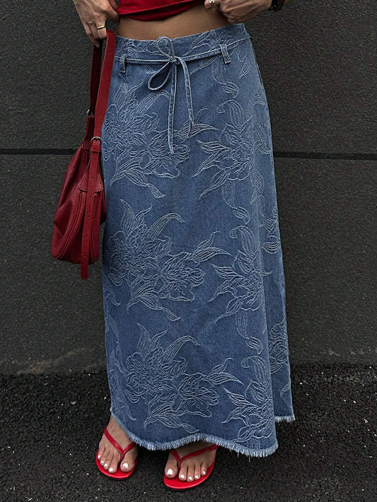 CM-BS121430 Women Casual Seoul Style Mid Waist Floral Print Drawstring Belted Denim Skirt - Blue