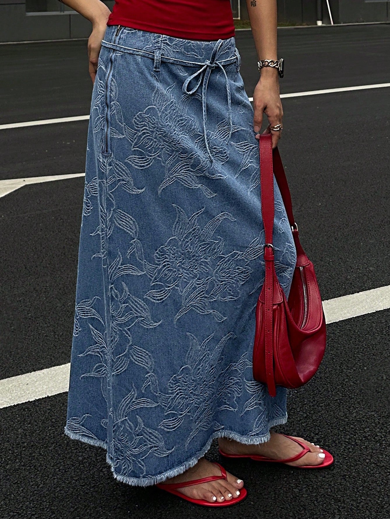 CM-BS121430 Women Casual Seoul Style Mid Waist Floral Print Drawstring Belted Denim Skirt - Blue