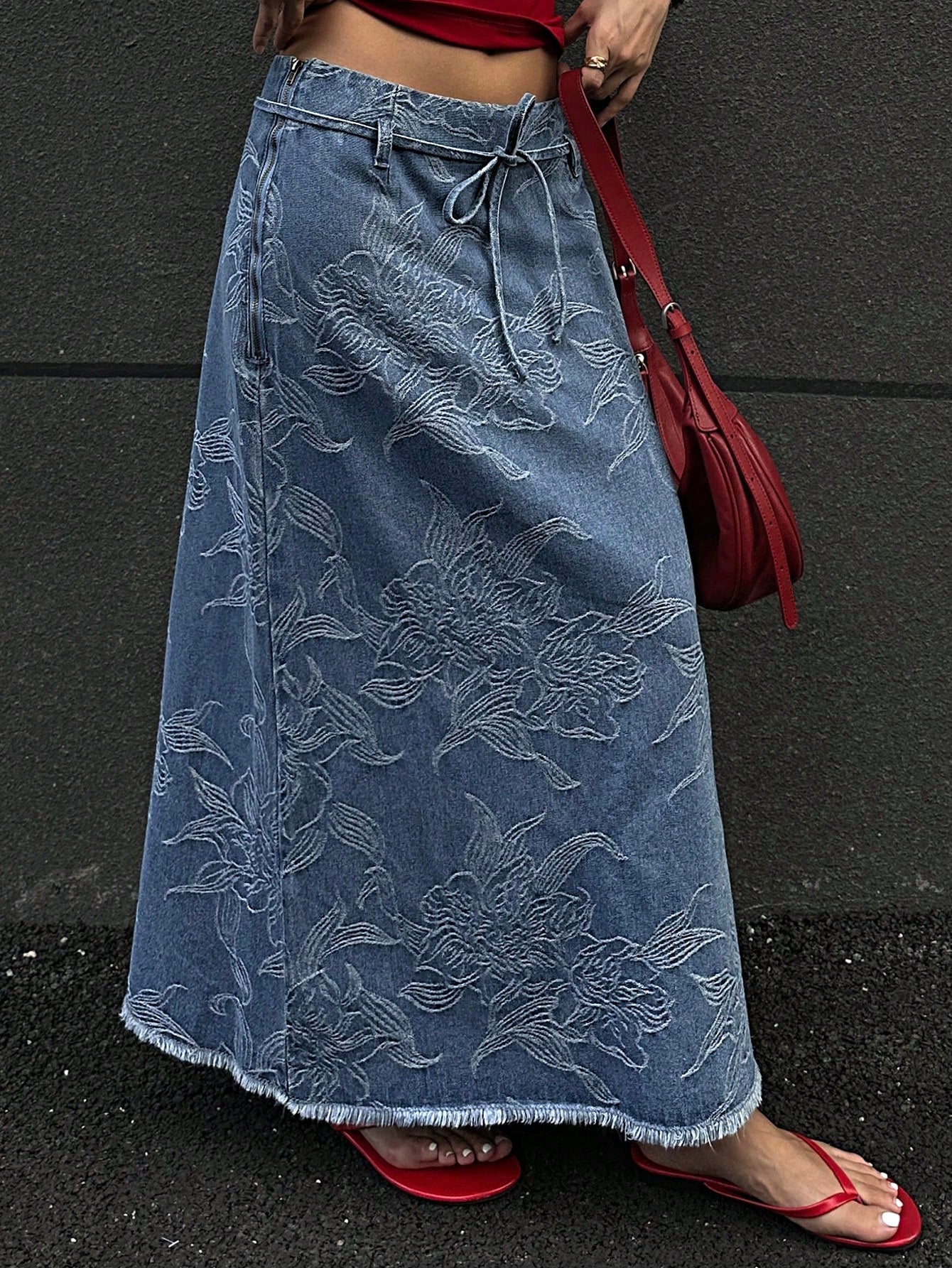 CM-BS121430 Women Casual Seoul Style Mid Waist Floral Print Drawstring Belted Denim Skirt - Blue