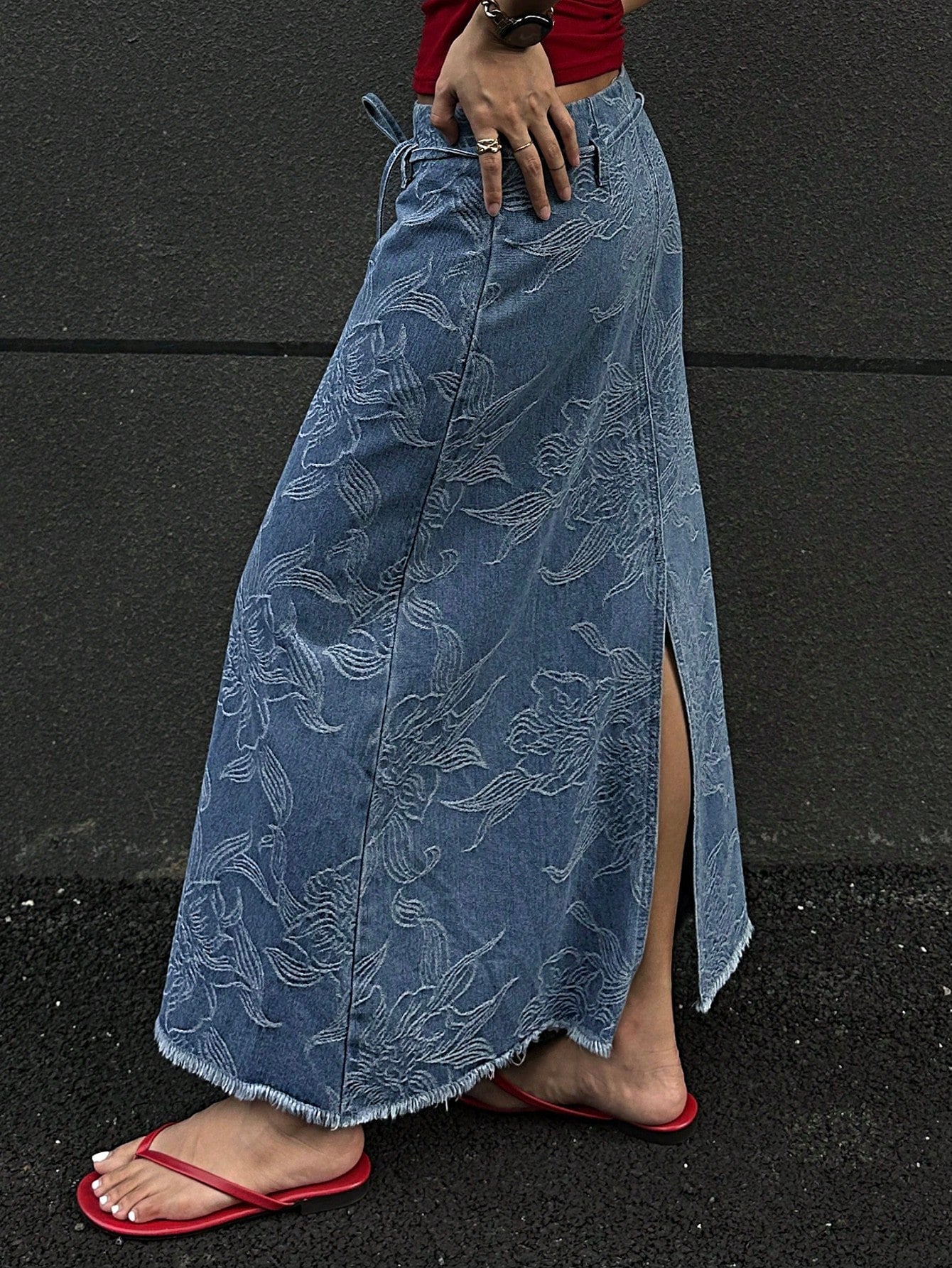CM-BS121430 Women Casual Seoul Style Mid Waist Floral Print Drawstring Belted Denim Skirt - Blue