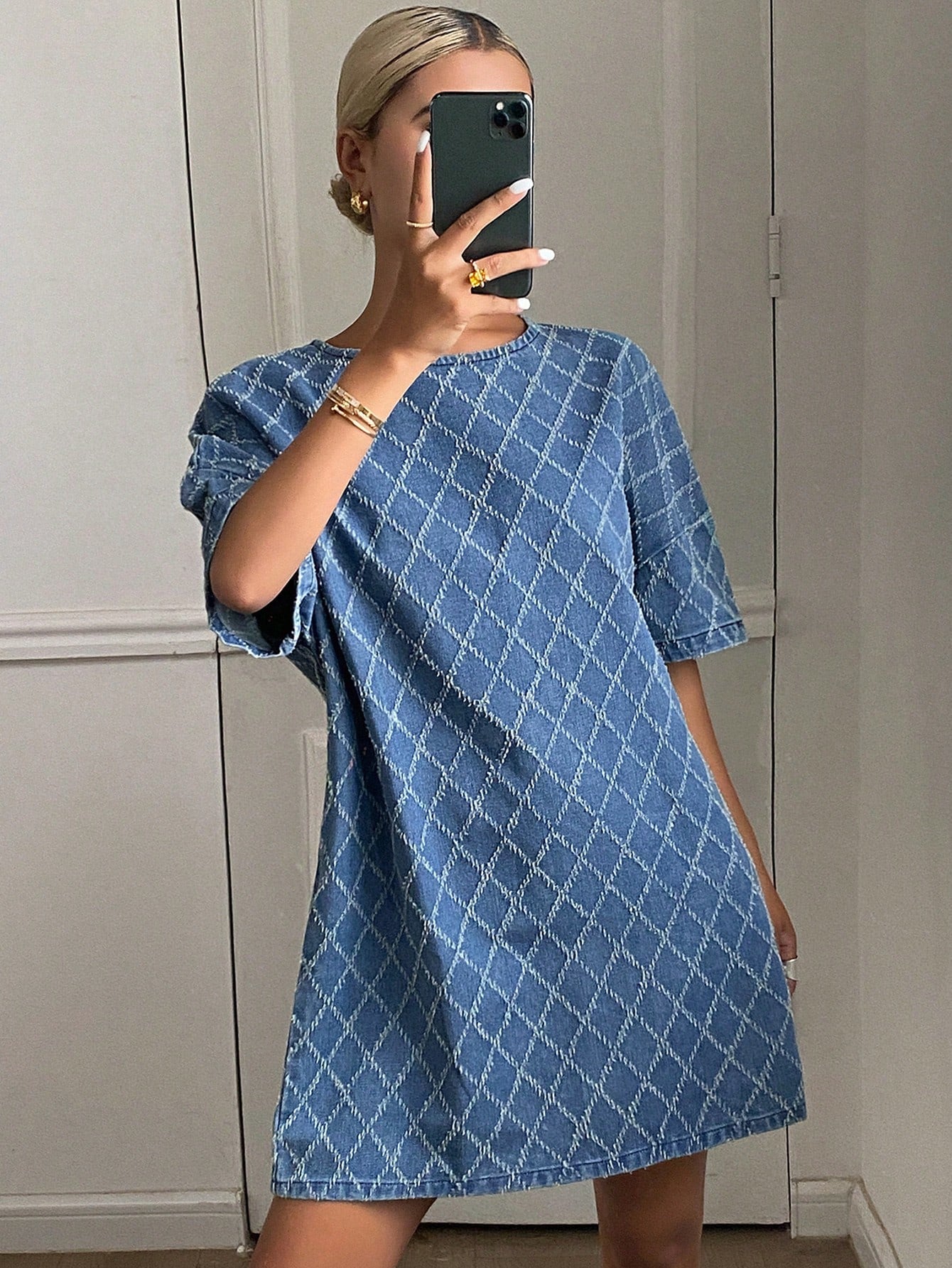 CM-DS391968 Women Casual Seoul Style Plaid Print Round Neck Short Sleeve Denim Dress - Blue