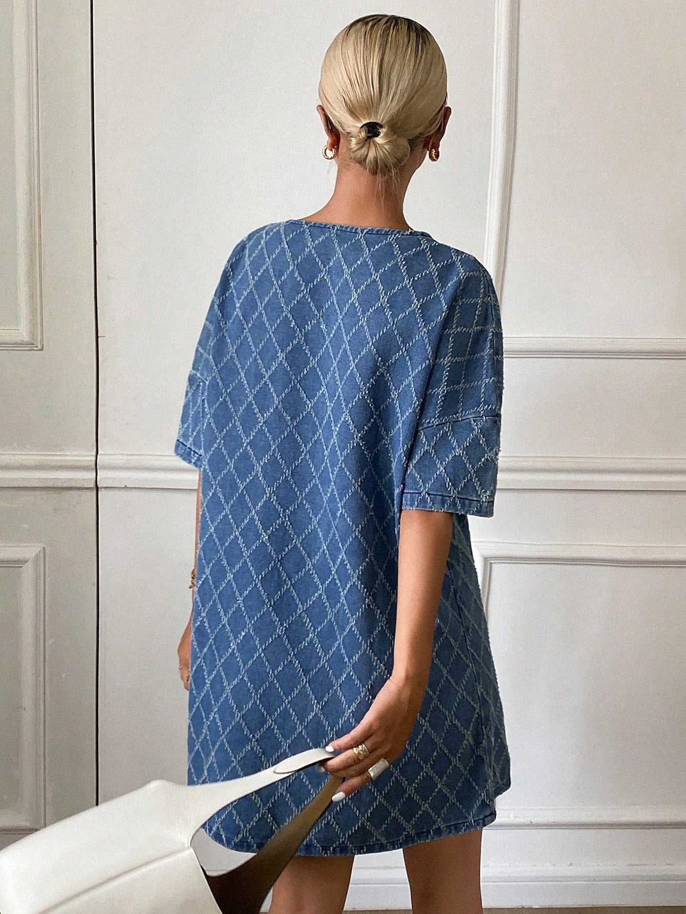 CM-DS391968 Women Casual Seoul Style Plaid Print Round Neck Short Sleeve Denim Dress - Blue